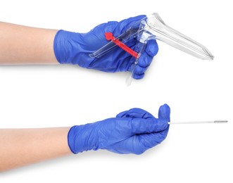 Photo of Doctor holding disposable vaginal speculum and cervical brush on white background, top view. Gynecological care