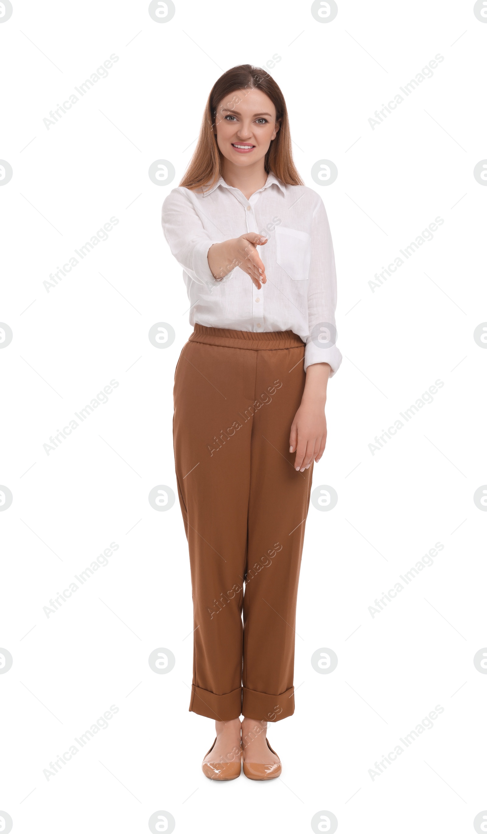 Photo of Full length portrait of beautiful happy business woman on white background