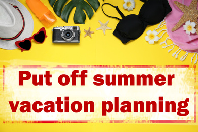 Image of Vacation cancellation concept. Flat lay composition with beach objects on yellow background 