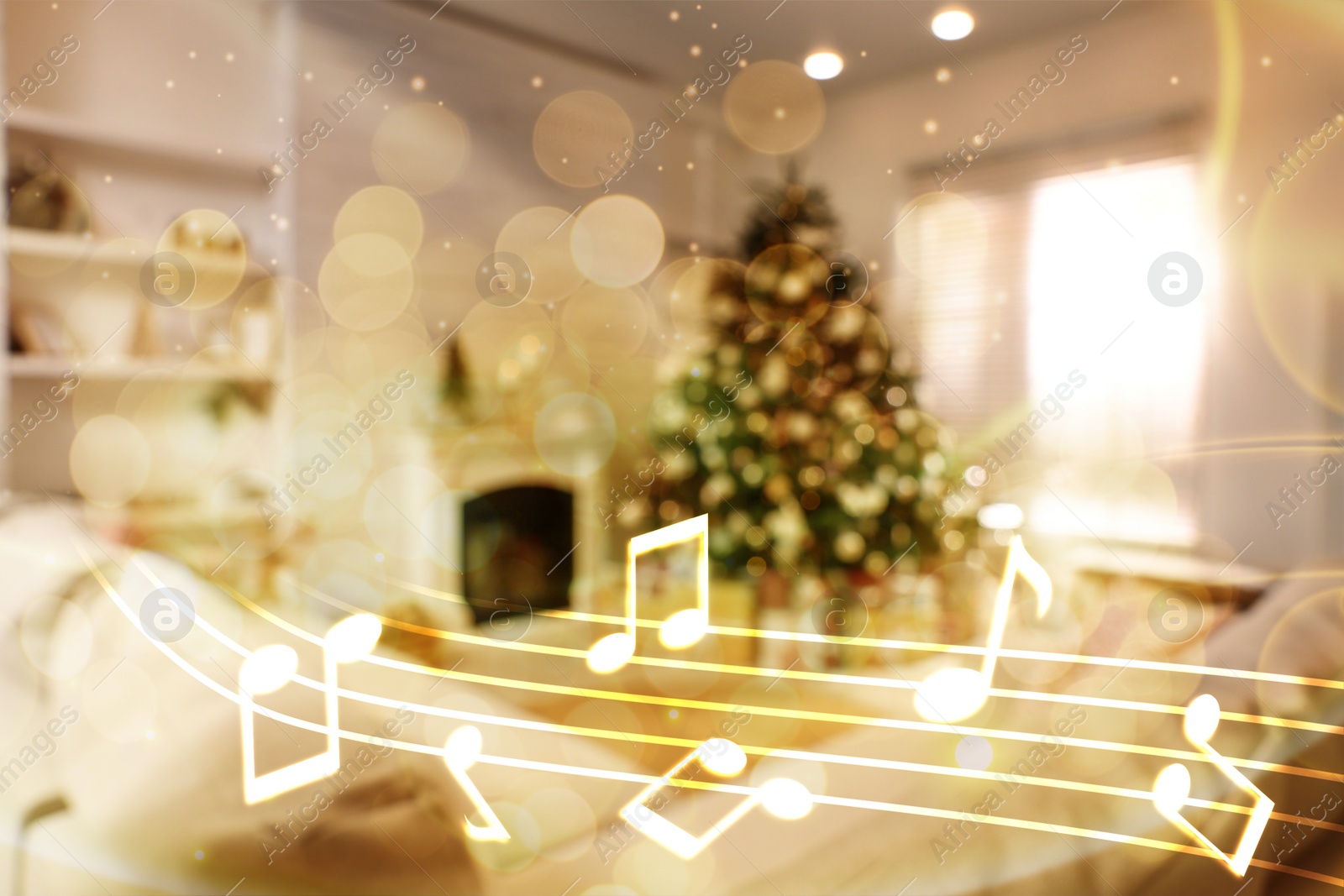 Image of Music notes and blurred view of room decorated for Christmas and New Year celebration, bokeh effect