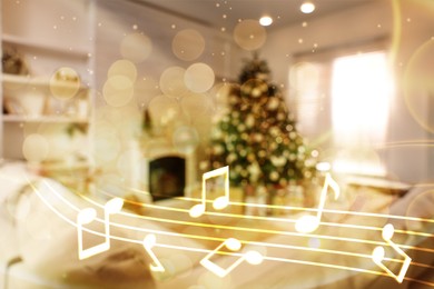 Music notes and blurred view of room decorated for Christmas and New Year celebration, bokeh effect