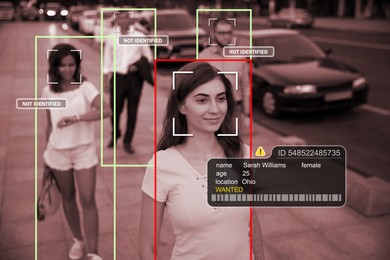 Image of Facial recognition system identifying people on city street. AI giving personal data of woman