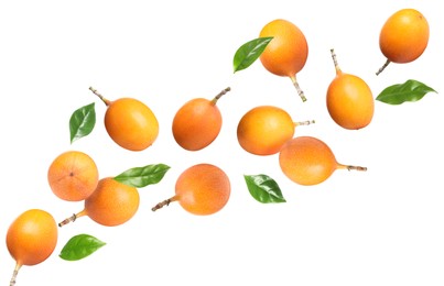 Image of Delicious ripe granadillas falling on white background 