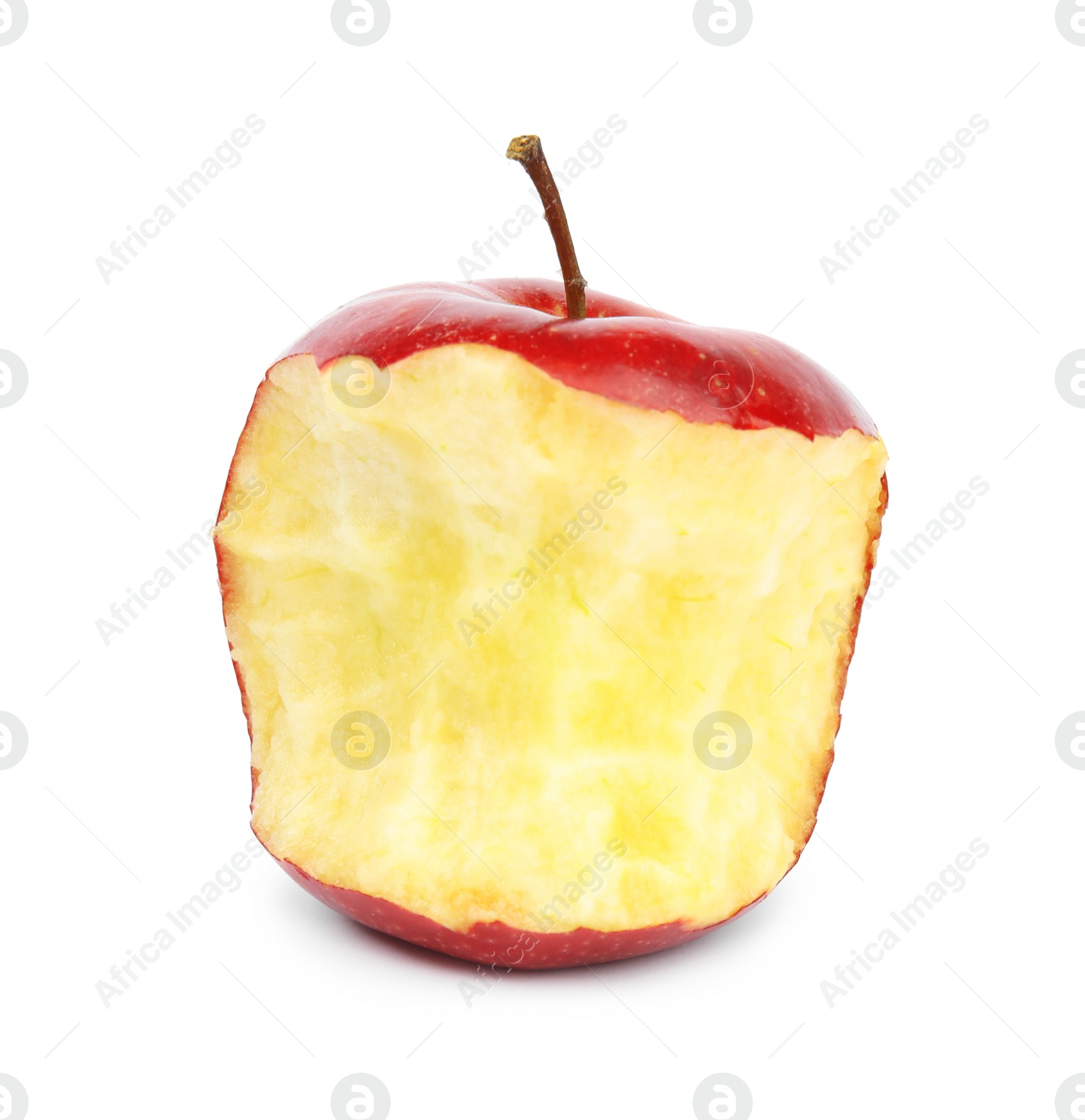 Photo of Half eaten red apple on white background