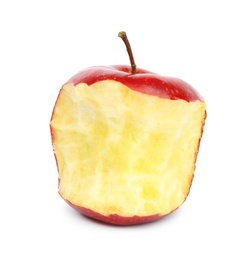 Half eaten red apple on white background