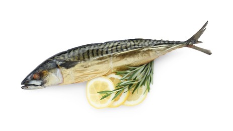 Photo of Delicious smoked mackerel, lemon slices and rosemary on white background, top view