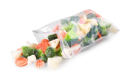 Photo of Mix of different frozen vegetables in zip bag isolated on white