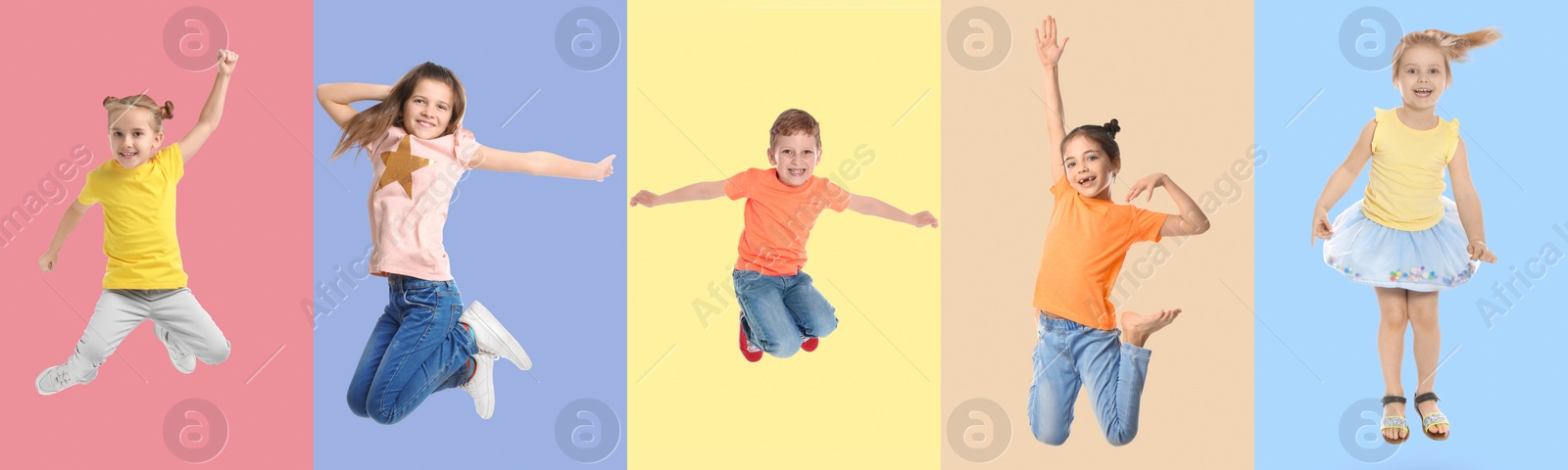 Image of Group of children jumping on color backgrounds, set of photos