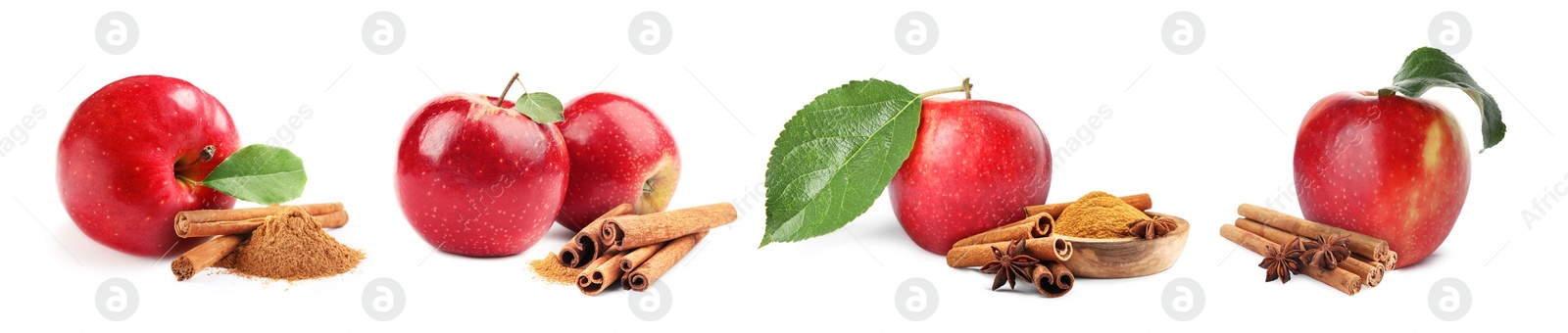 Image of Aromatic cinnamon sticks, powder and red apples isolated on white, set