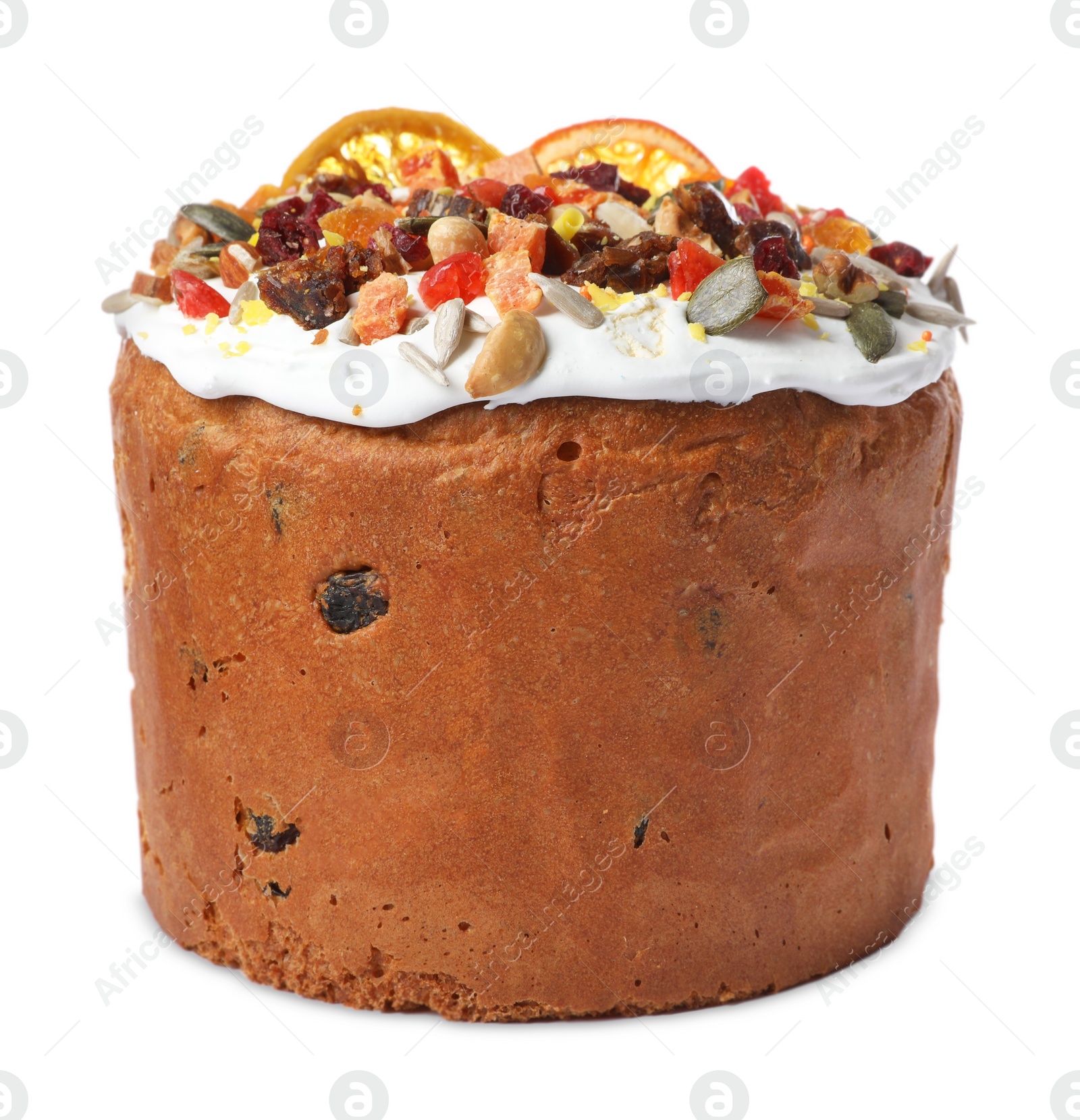 Photo of Traditional Easter cake with sprinkles and dried fruits isolated on white