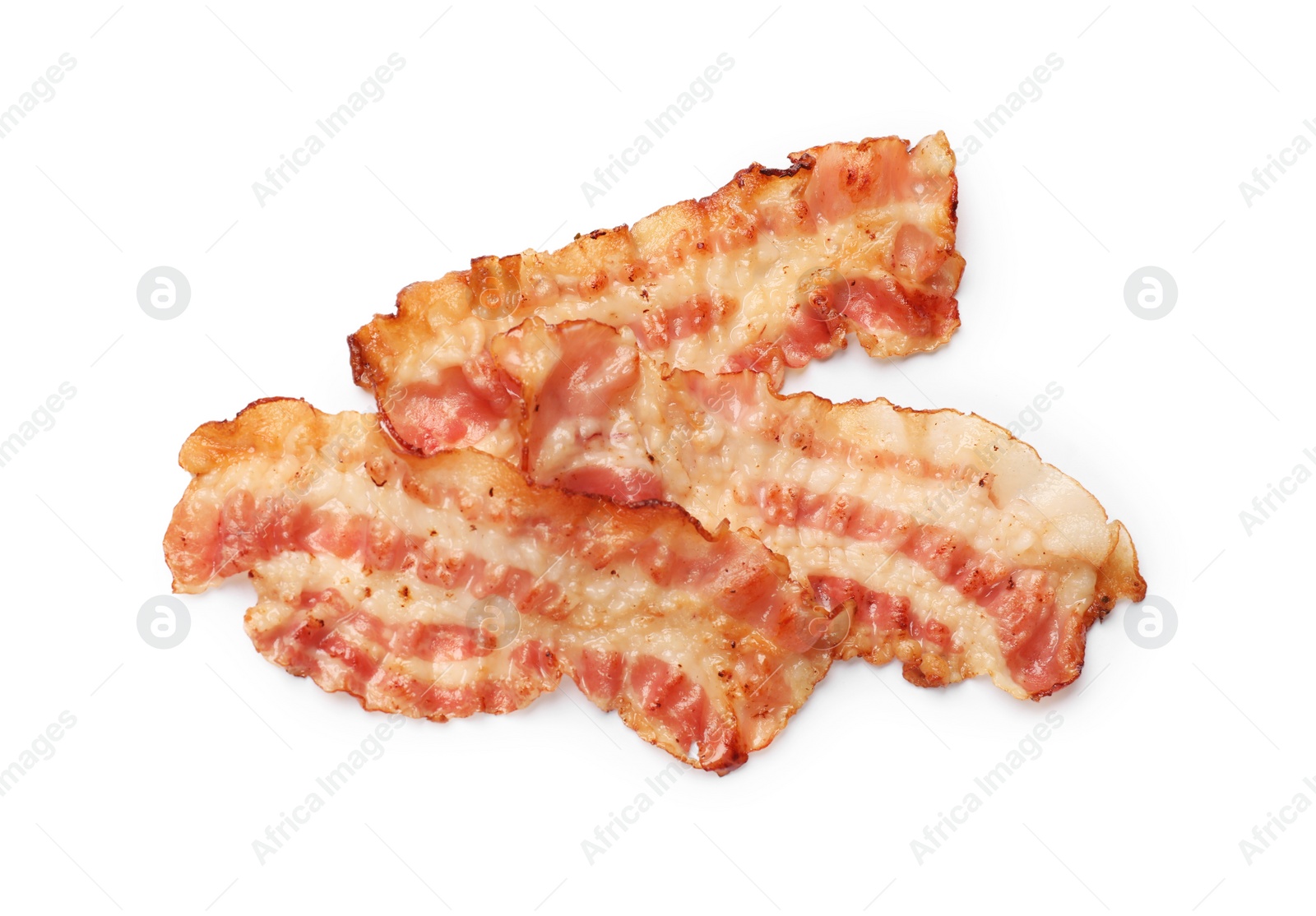 Photo of Delicious fried bacon slices isolated on white, top view