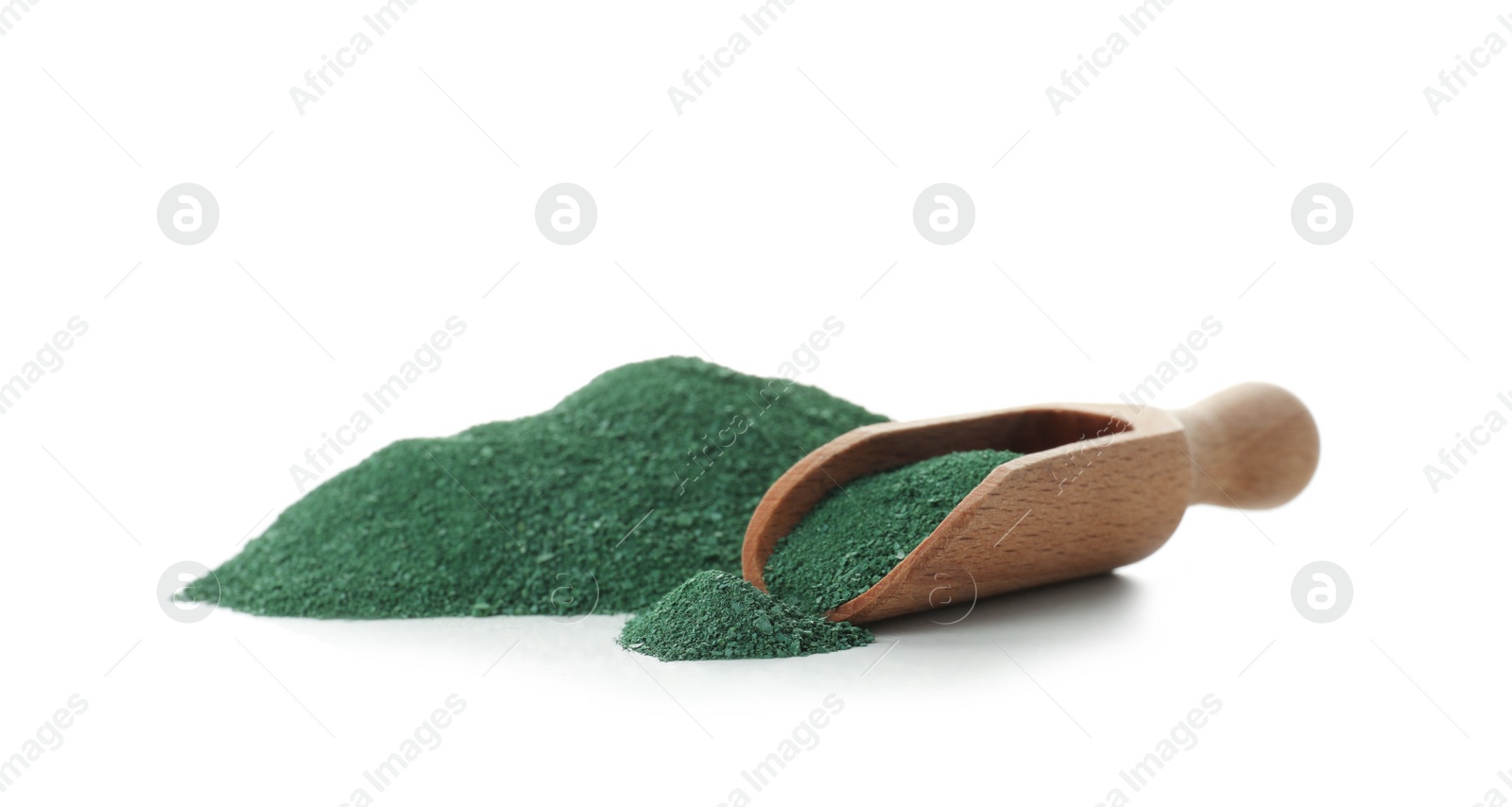 Photo of Scoop with spirulina algae powder on white background