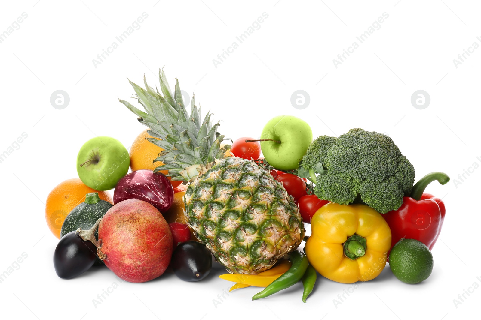 Photo of Rainbow collection of ripe fruits and vegetables on white background