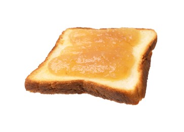 Photo of Piece of fresh toast bread with tasty jam isolated on white