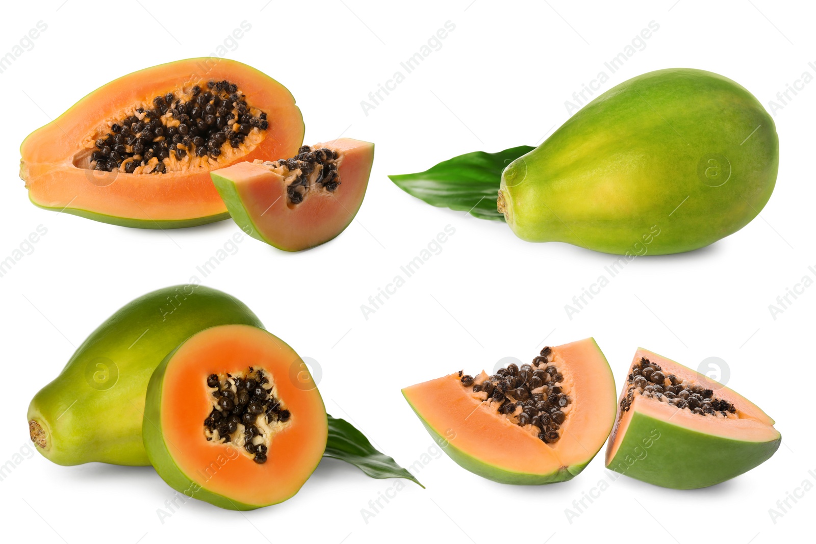 Image of Set with fresh ripe papaya fruits on white background