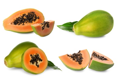 Image of Set with fresh ripe papaya fruits on white background