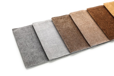 Photo of Fabric samples of different colors for interior design on white background