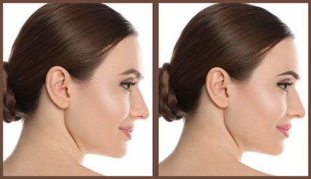 Image of Beautiful young woman before and after permanent makeup on white background, collage