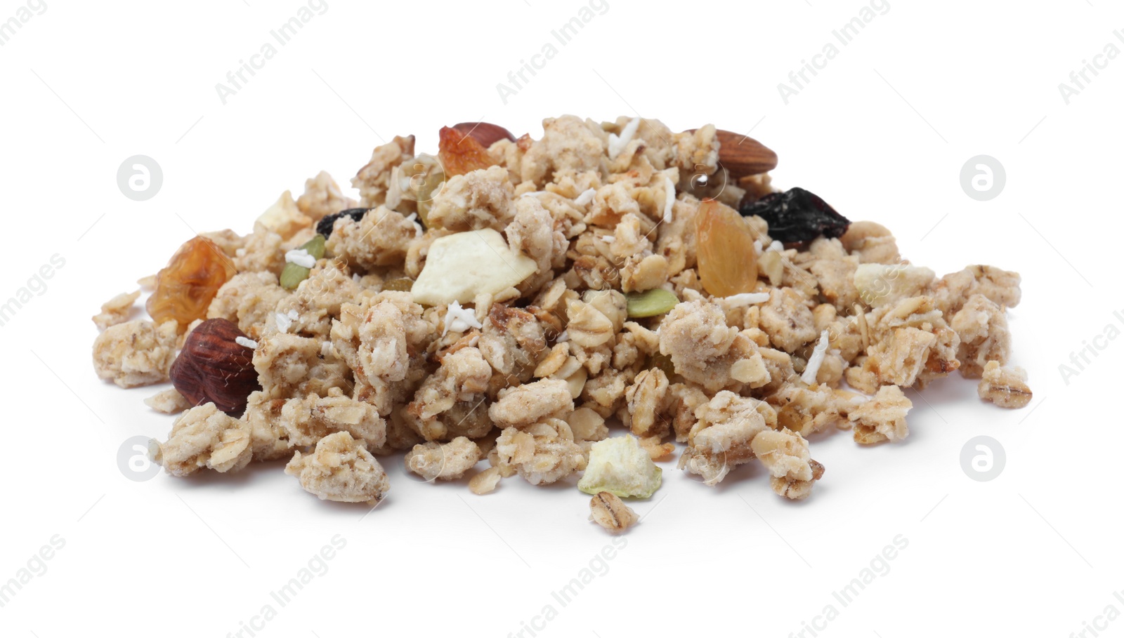 Photo of Pile of granola on white background. Healthy snack