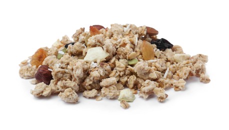 Photo of Pile of granola on white background. Healthy snack