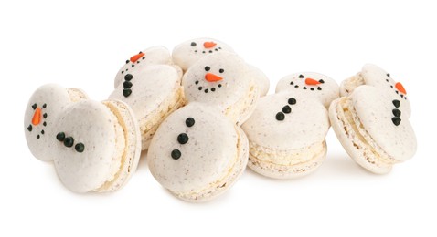 Photo of Beautifully decorated Christmas macarons on white background