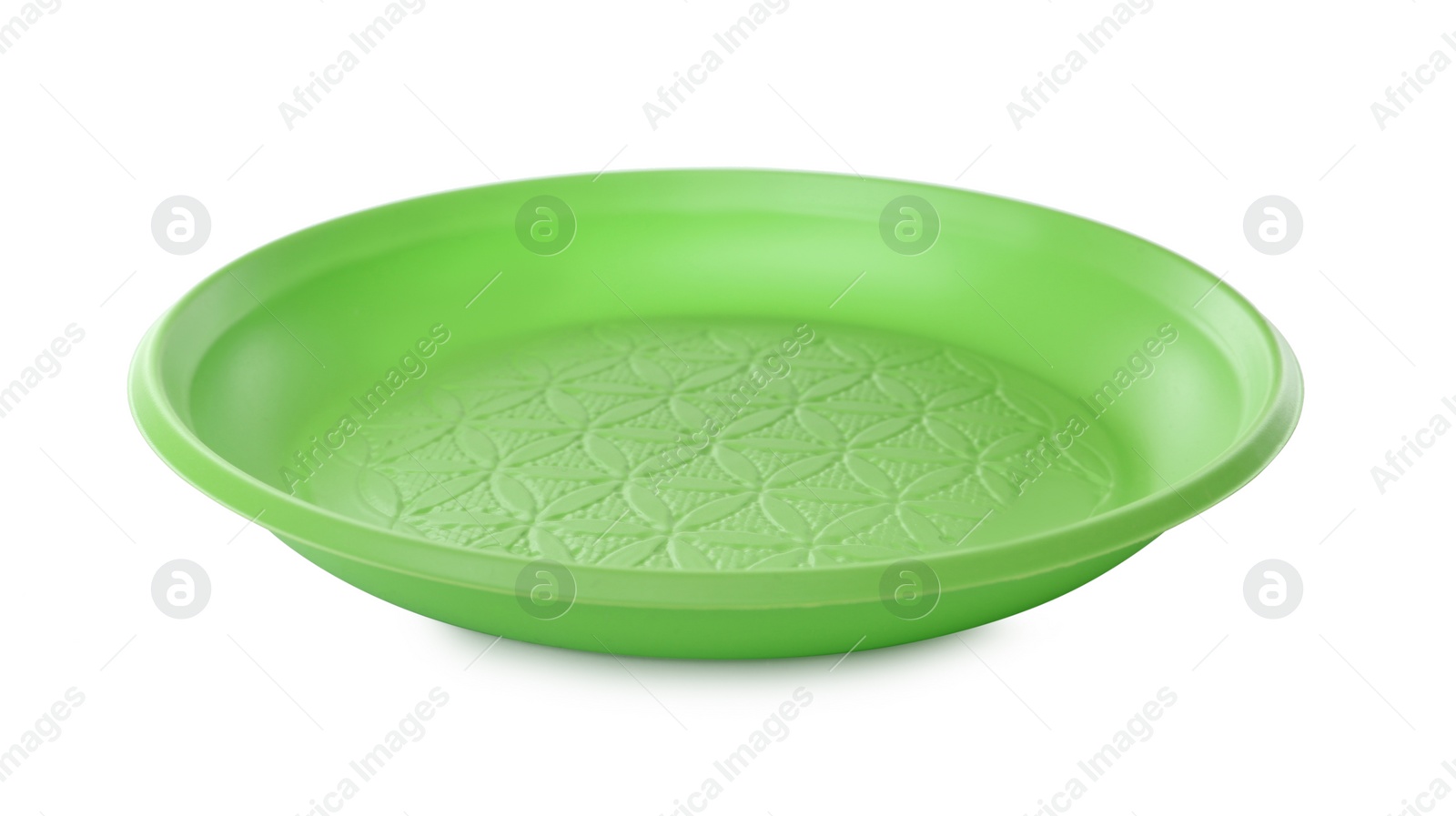 Photo of Disposable green plastic plate isolated on white