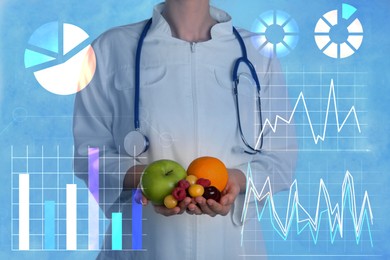 Image of Nutritionist with ripe fruits on light blue background and illustration of charts. Healthy eating