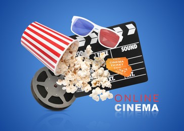 Image of Online cinema. Movie clapper, tickets, pop corn, 3D glasses and film reel on blue background. Collage design