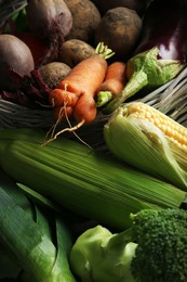 Photo of Different fresh ripe vegetables as background, closeup. Farmer produce