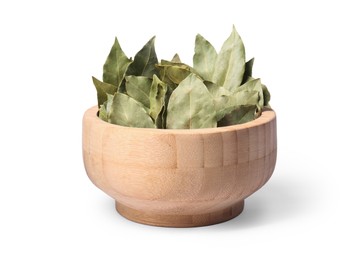 Photo of Aromatic bay leaves in wooden bowl on white background