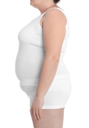 Photo of Overweight woman on white background, closeup. Weight loss