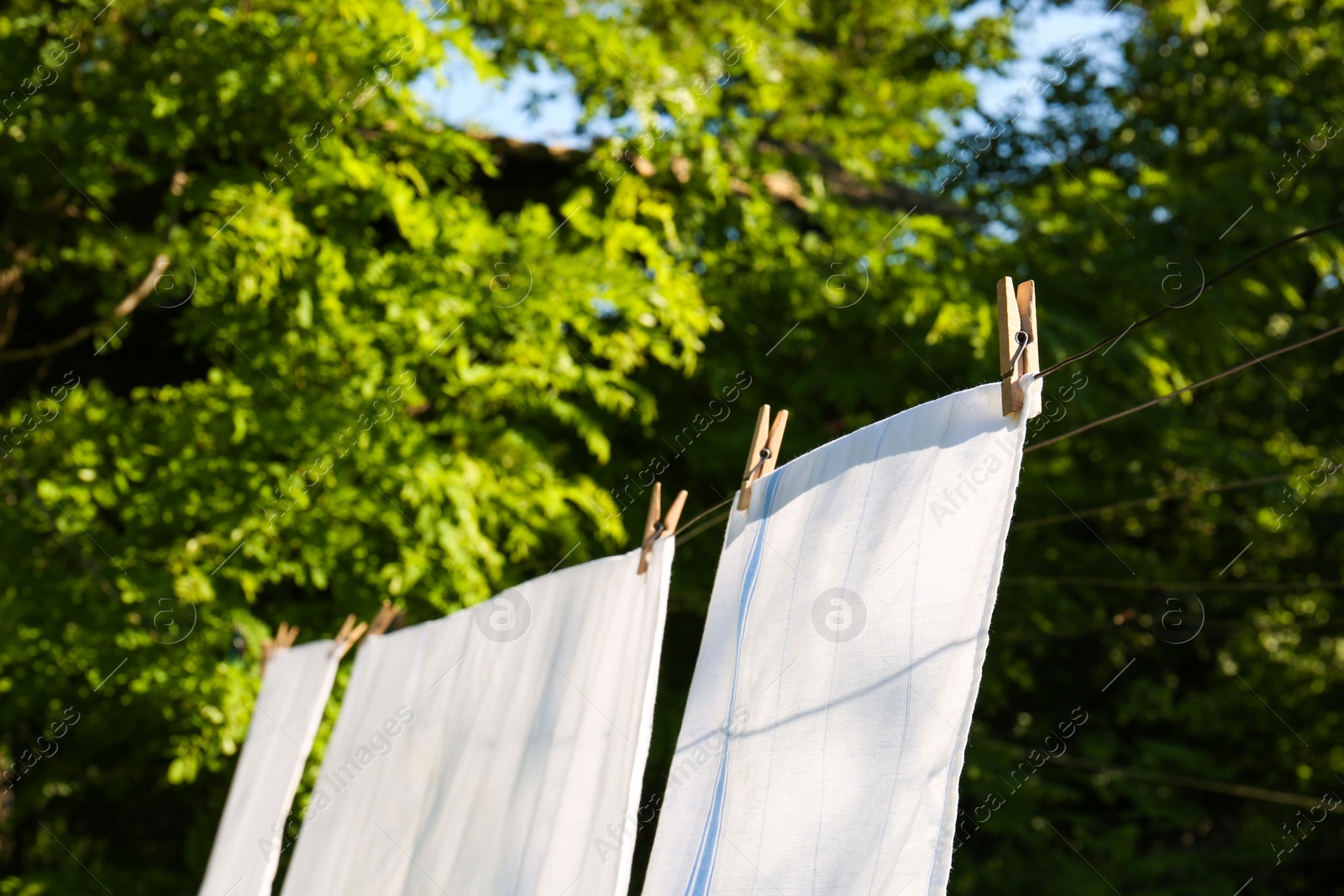 Photo of Washing line with clean laundry and clothespins outdoors