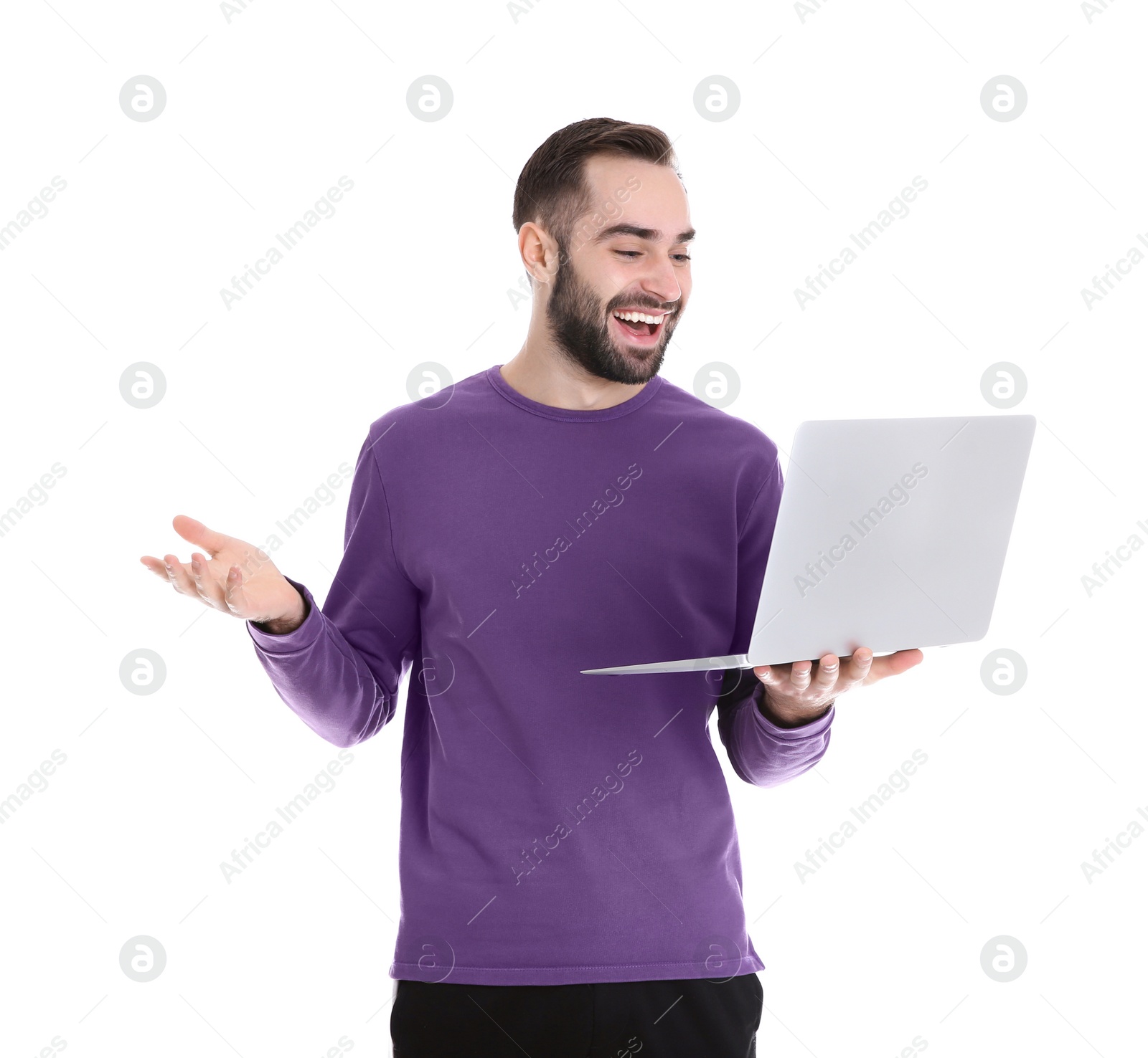 Photo of Man using laptop for video chat isolated on white