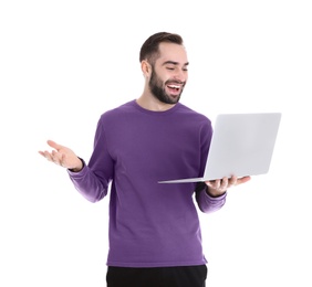 Photo of Man using laptop for video chat isolated on white