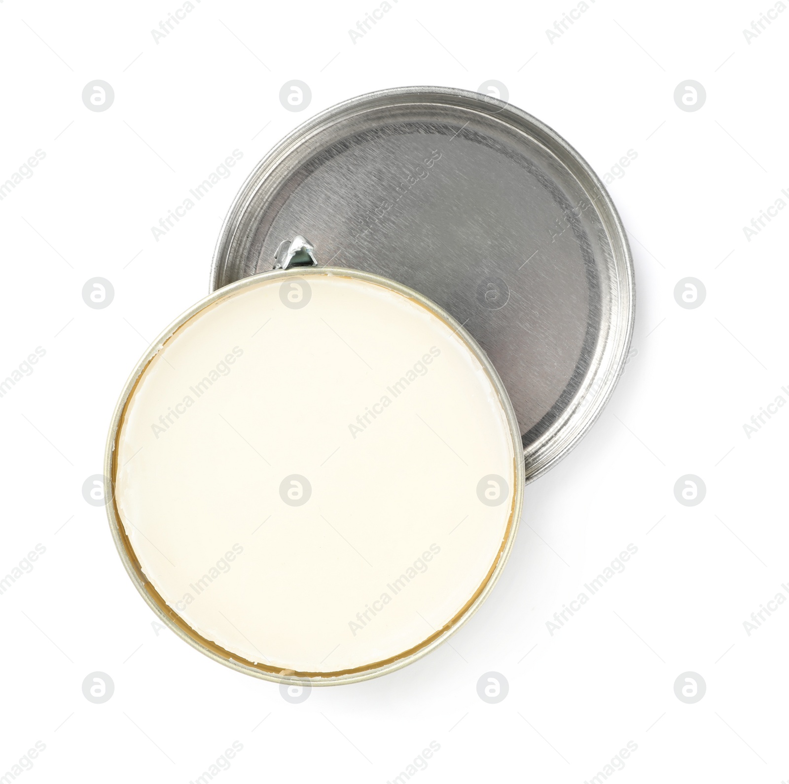 Photo of Can of wax polish isolated on white, top view. Shoe care item