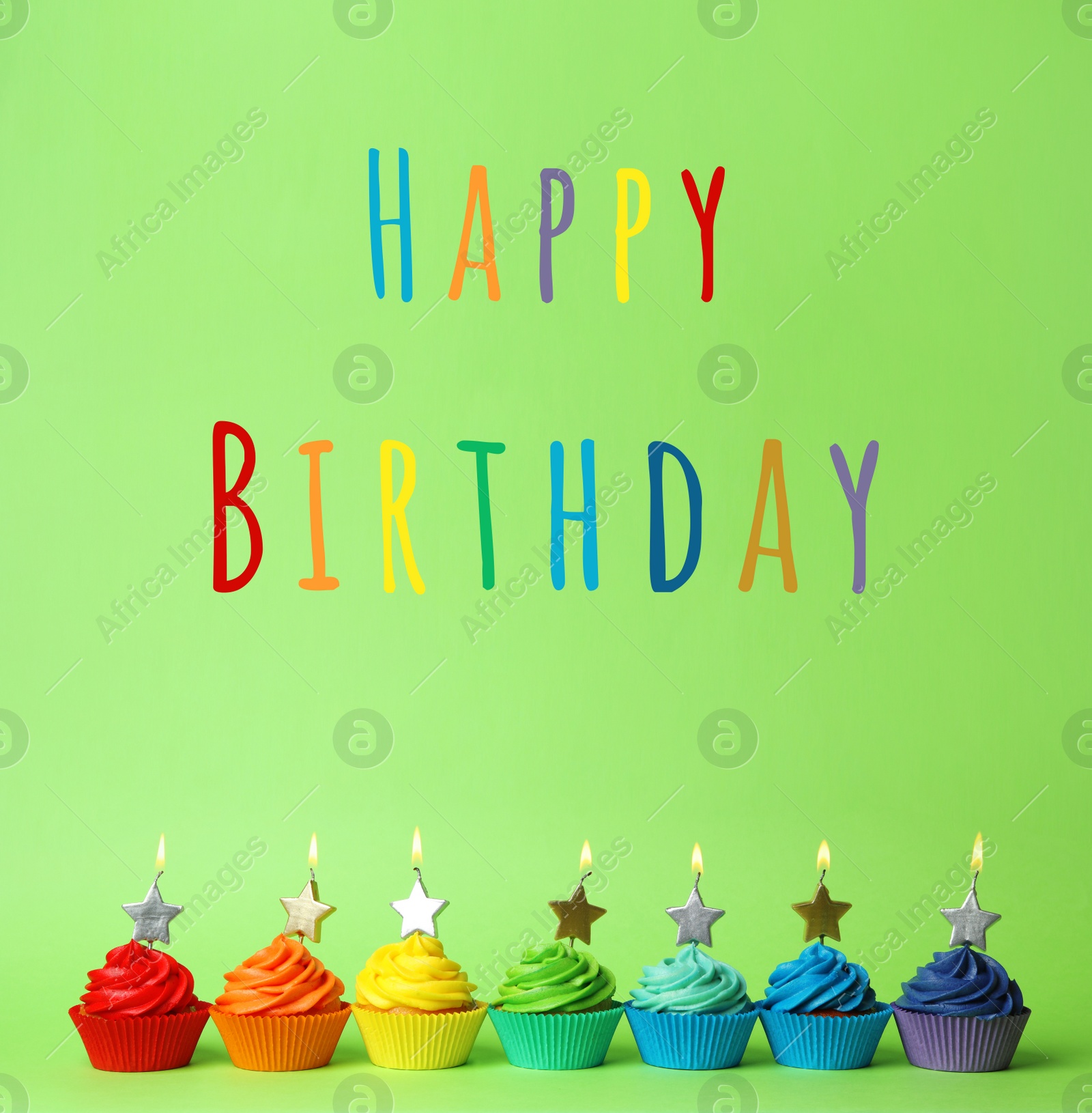 Image of Delicious cupcakes with burning candles and text Happy Birthday on green background