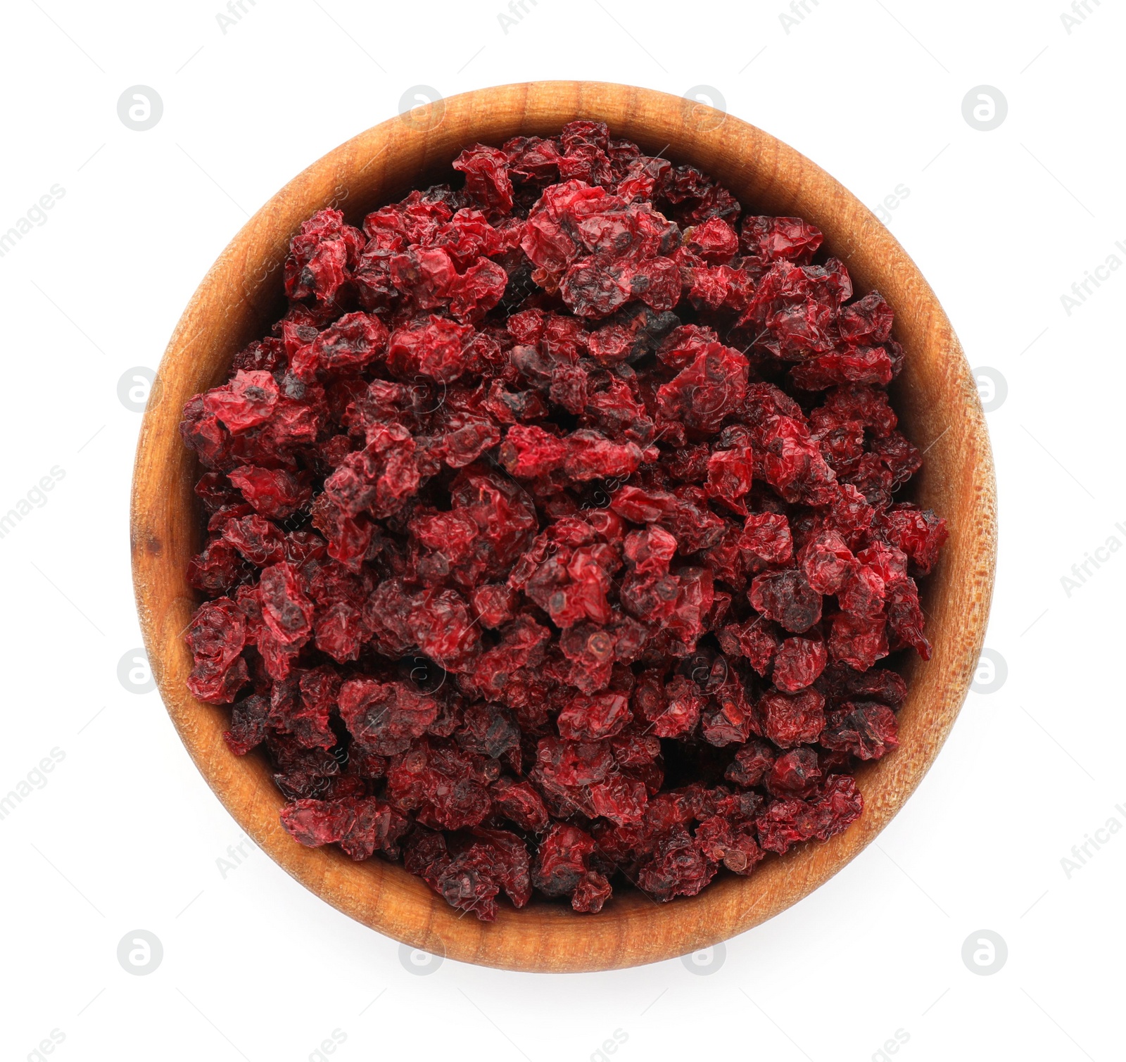 Photo of Dried red currants in wooden bowl isolated on white, top view