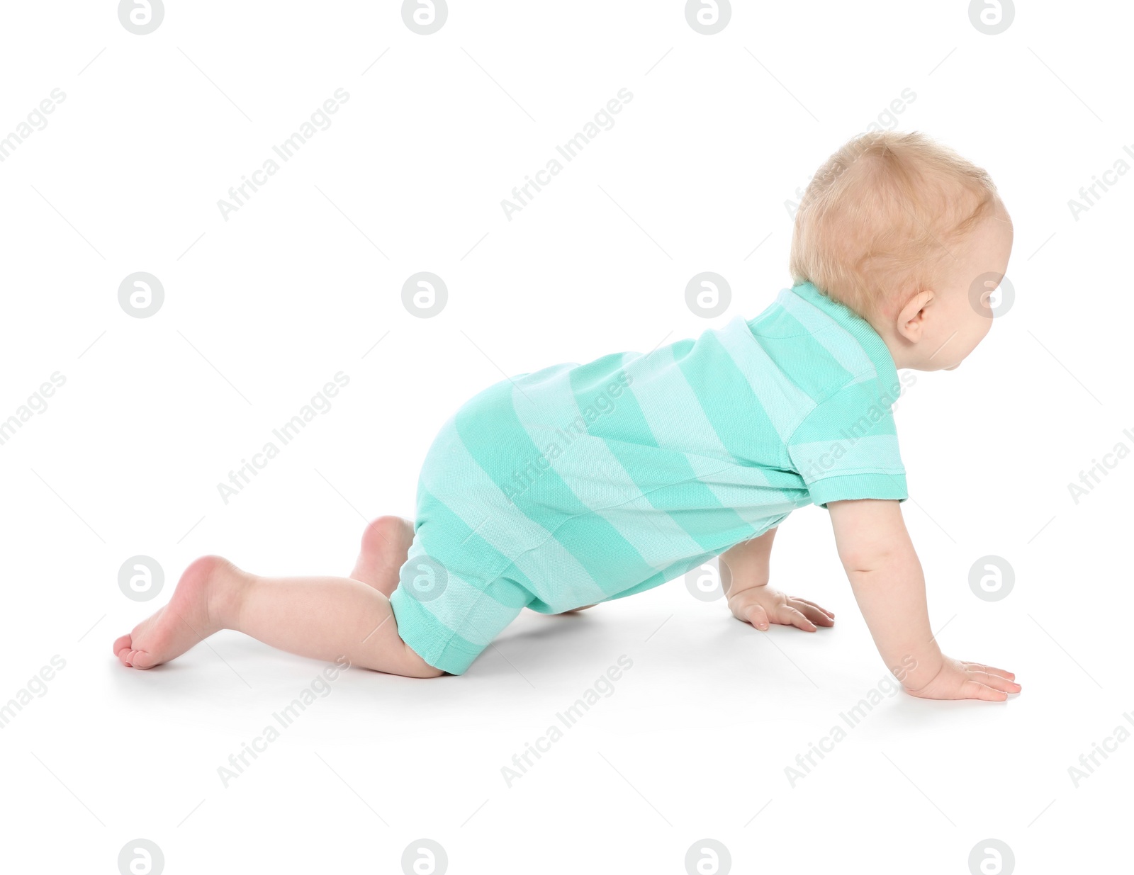 Photo of Cute little baby crawling on white background