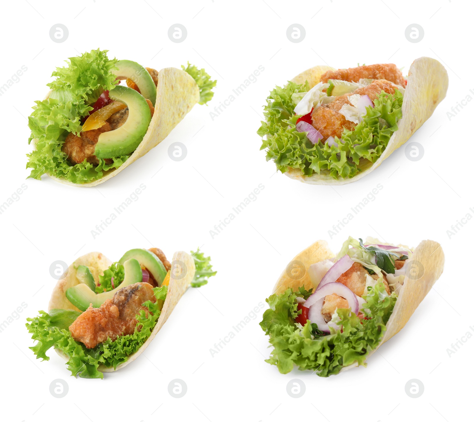 Image of Set of delicious fresh fish tacos on white background