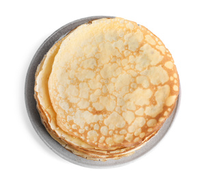 Photo of Stack of fresh thin pancakes isolated on white, top view
