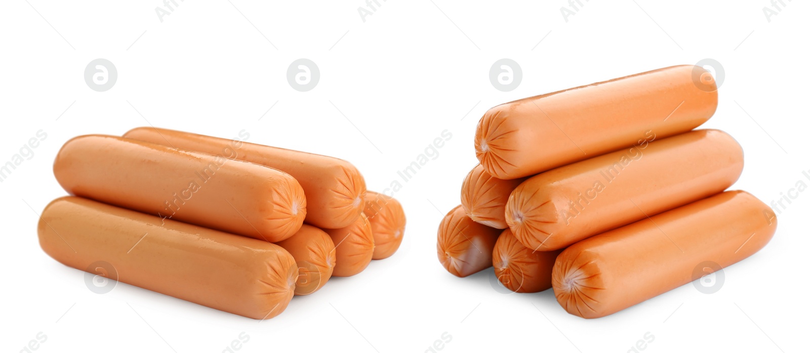 Image of Stacks of fresh raw sausages on white background