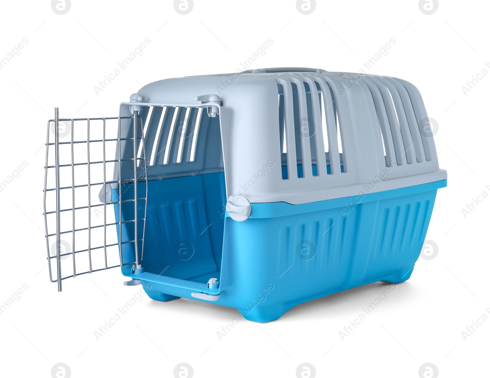 Photo of Light blue pet carrier isolated on white