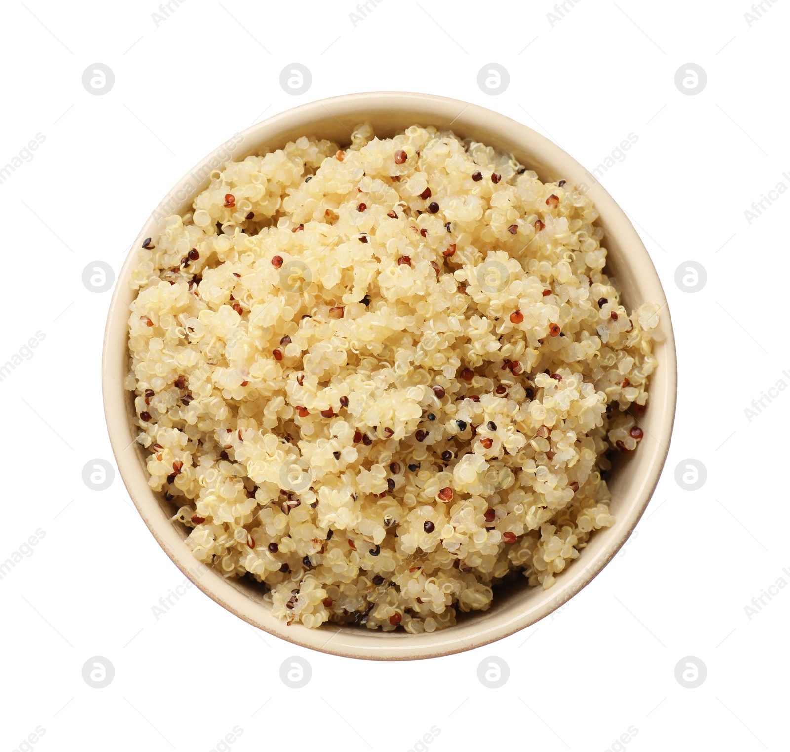 Photo of Tasty quinoa porridge in bowl isolated on white, top view