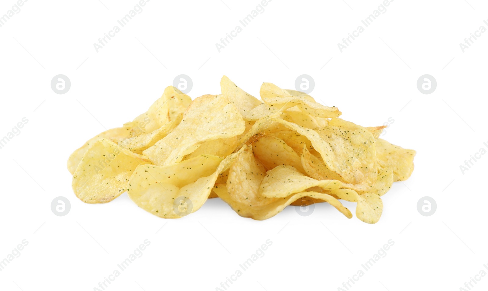 Photo of Tasty crispy potato chips isolated on white