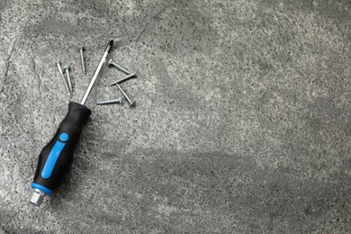 Screwdriver with black handle and screws on grey table, flat lay. Space for text