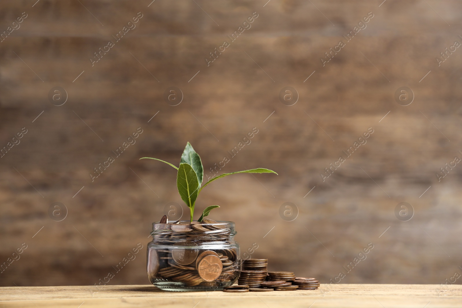 Photo of Glass jar and coins with young green plant on wooden table, space for text