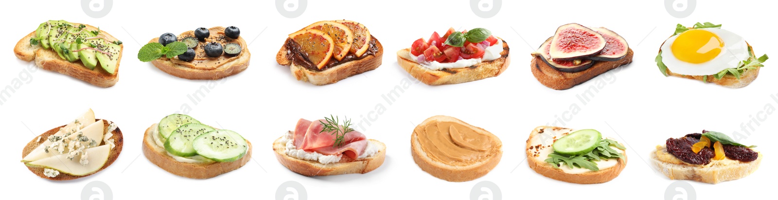 Image of Set of toasted bread with different toppings on white background, banner design 