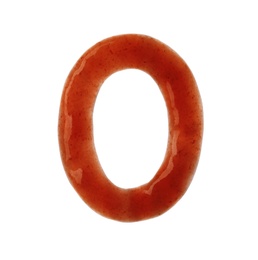 Photo of Letter O written with red sauce on white background
