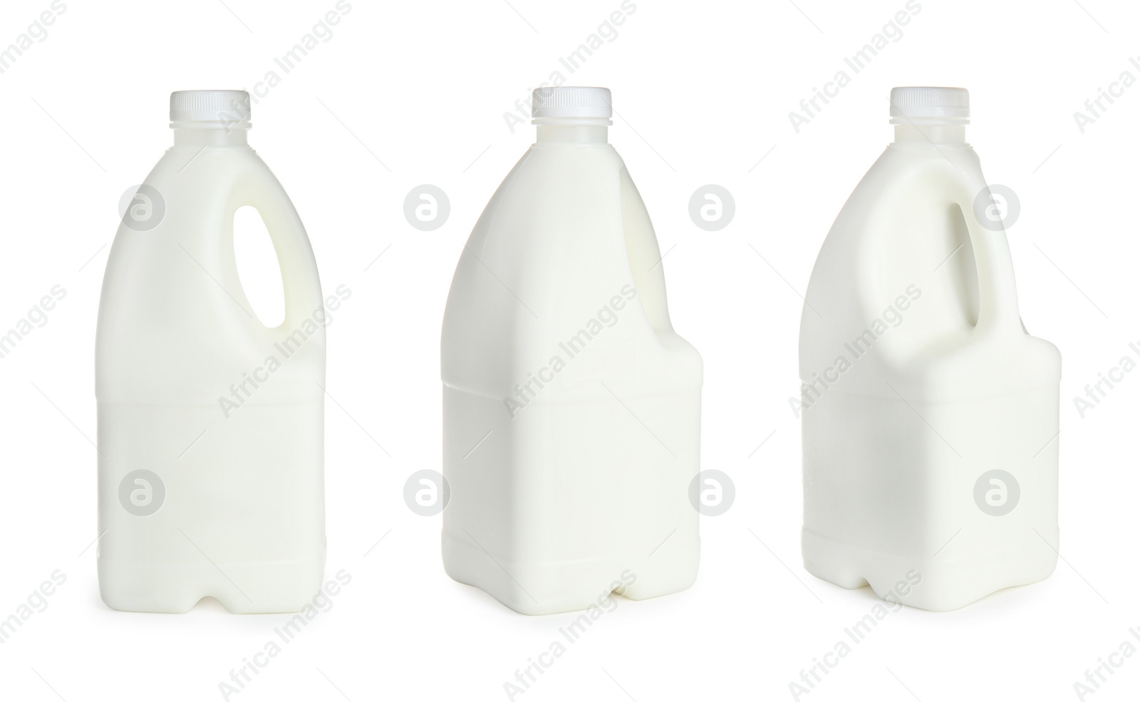 Image of Gallon bottles of milk on white background, collage