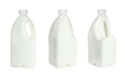 Image of Gallon bottles of milk on white background, collage